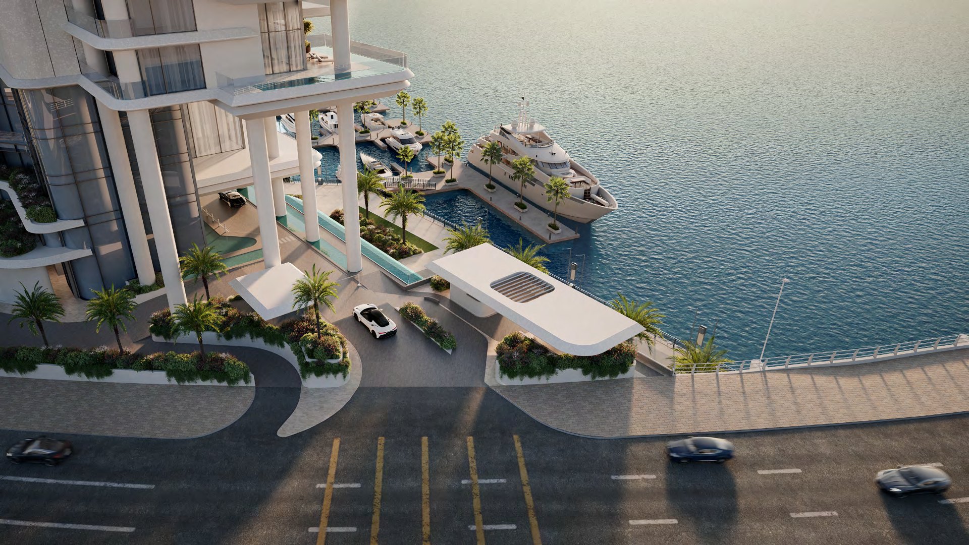 Aerial of VELA's arrival drive, gardens and yachts at the marina