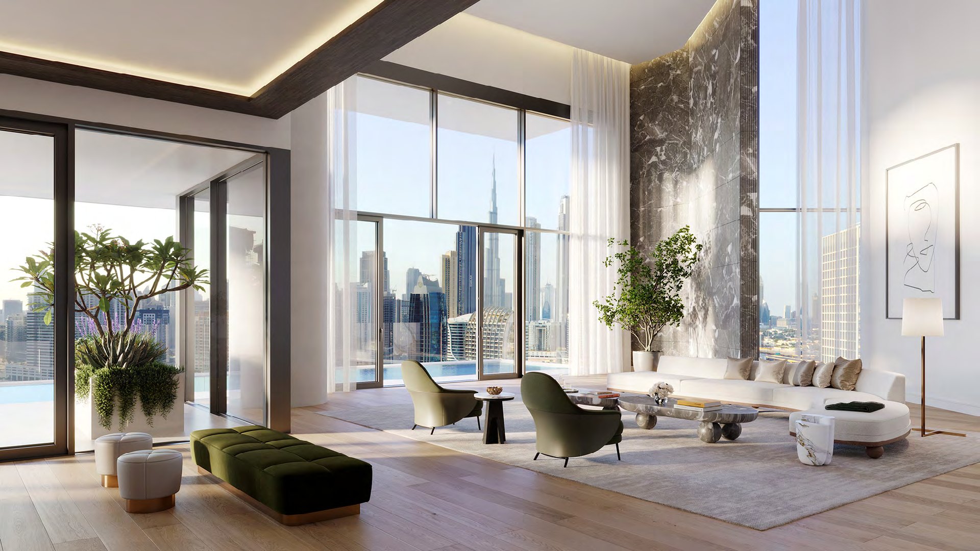 Tall living room with marble wall, sofas and Burj Khalifa view