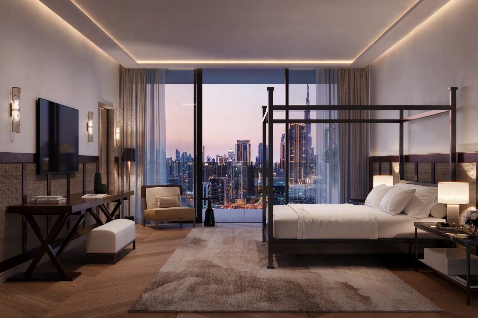 Bedroom with four-poster bed and floor-to-ceiling view of Downtown