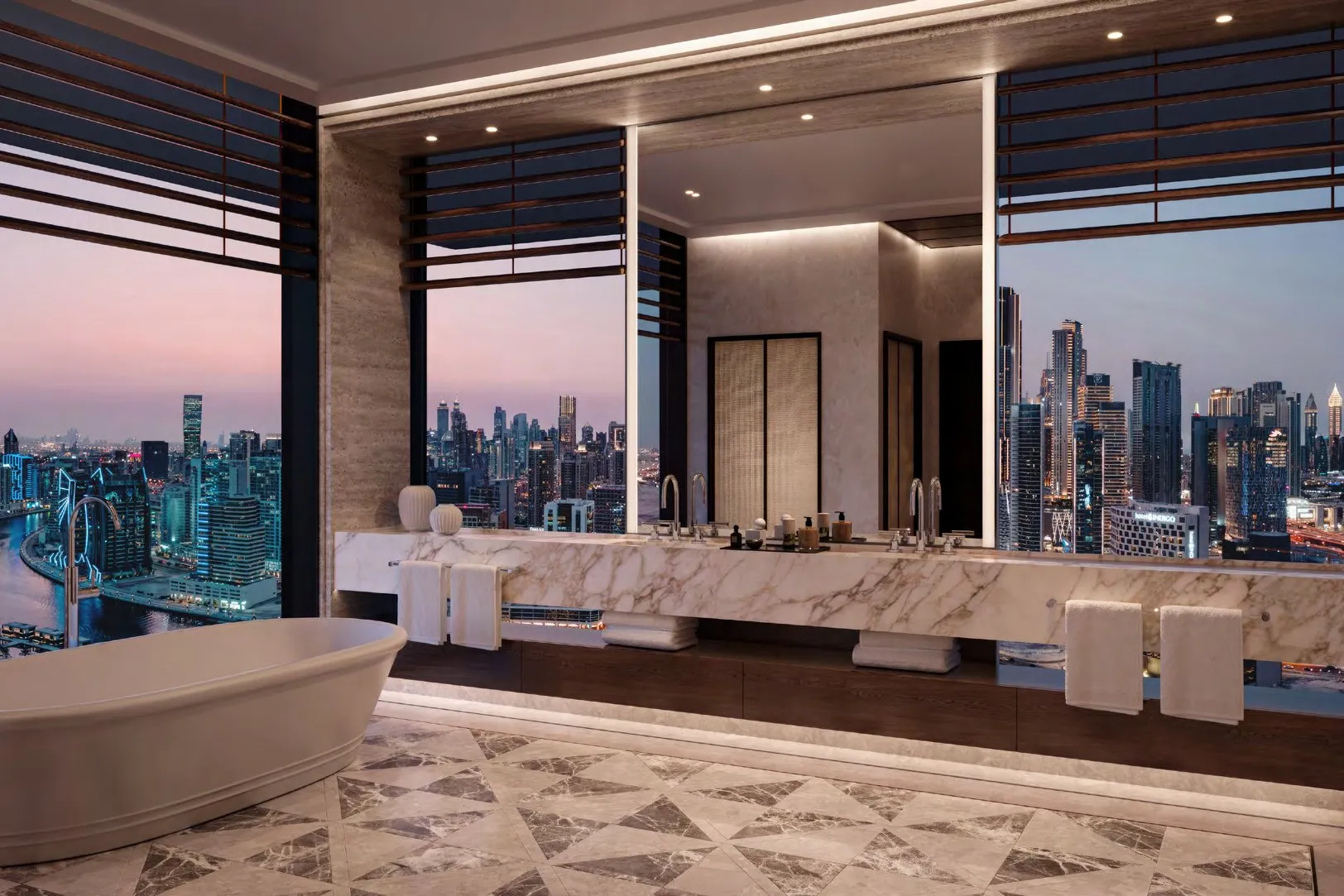 Marble bathroom with freestanding bath and twin basins facing the skyline